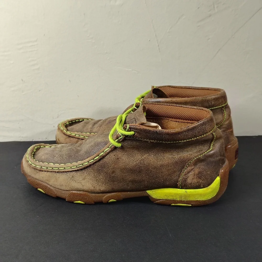 Twisted X Driving Moc Boys 4M Brown Leather Neon Green Accents YDM0001 Shoes